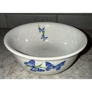 Vintage FTD Butterfly Bowl 6" X 2 3/4" Porcelain Glass White Blue Butterflies